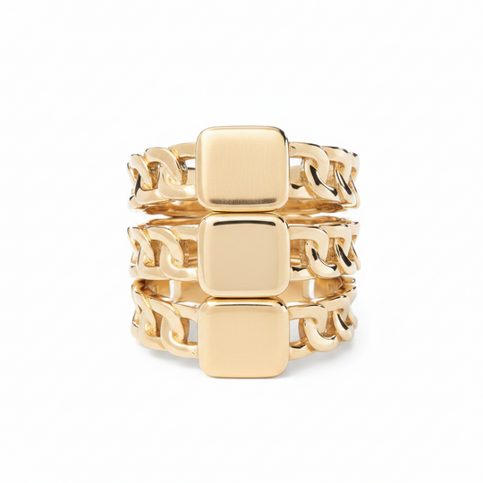 square signet rings with chain band in gold