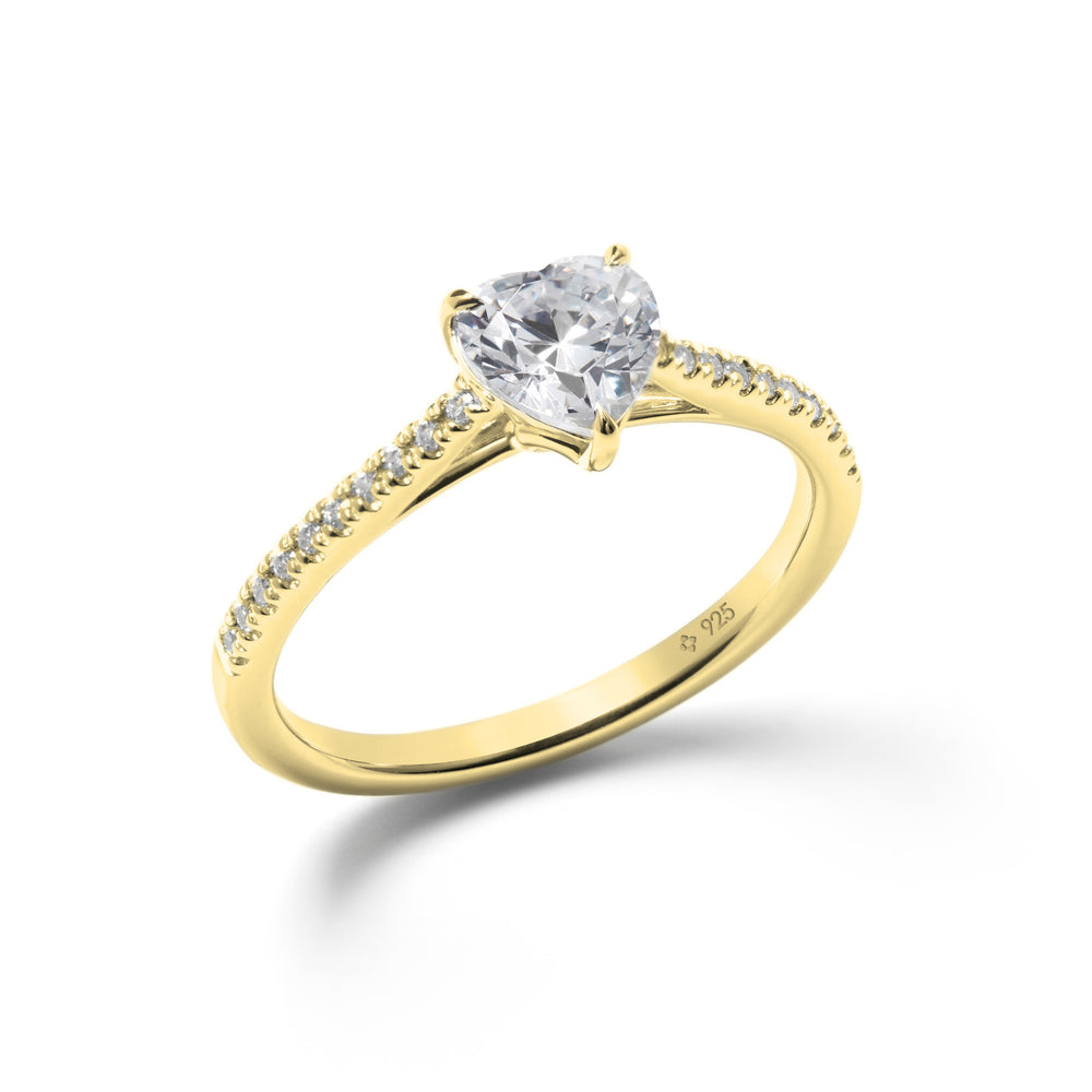gold heart shape stone solitaire claw set promise ring with shoulder details for women