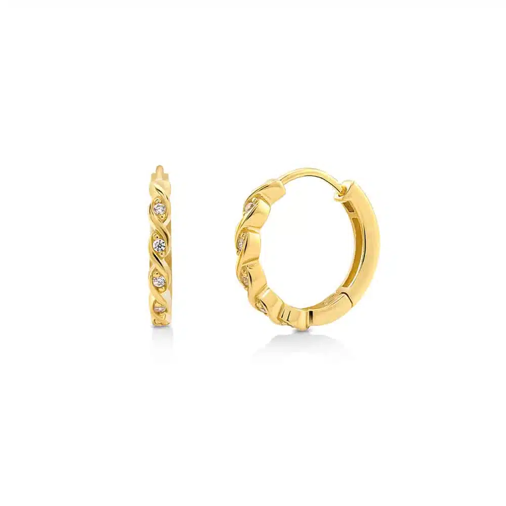 gold round huggie earrings leaf design with stones by NAIMA Jewellery