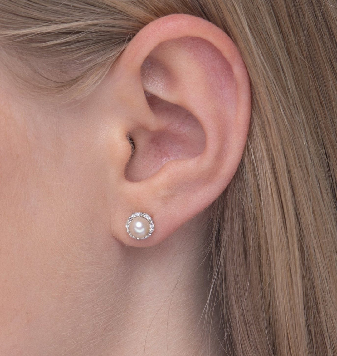 freshwater white pearl halo stud earrings timeless gift for women in Silver and 18K Gold Vermeil by NAIMA