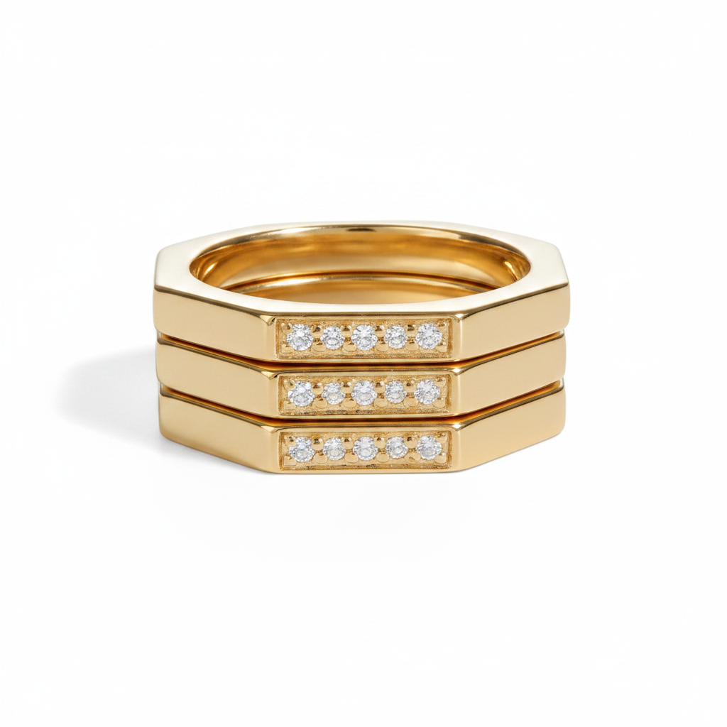 hexagon ring with stones in gold stacked