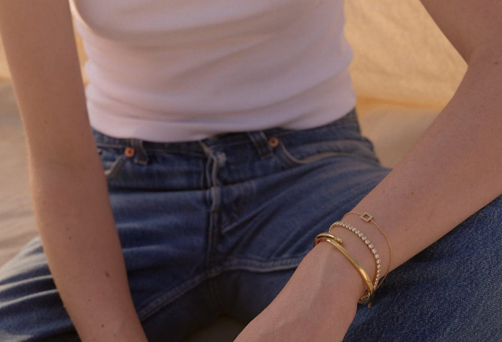 NAIMA layering bracelet thick openable bangle tennis bracelet and thin bracelet style with denim in 18K gold vermeil