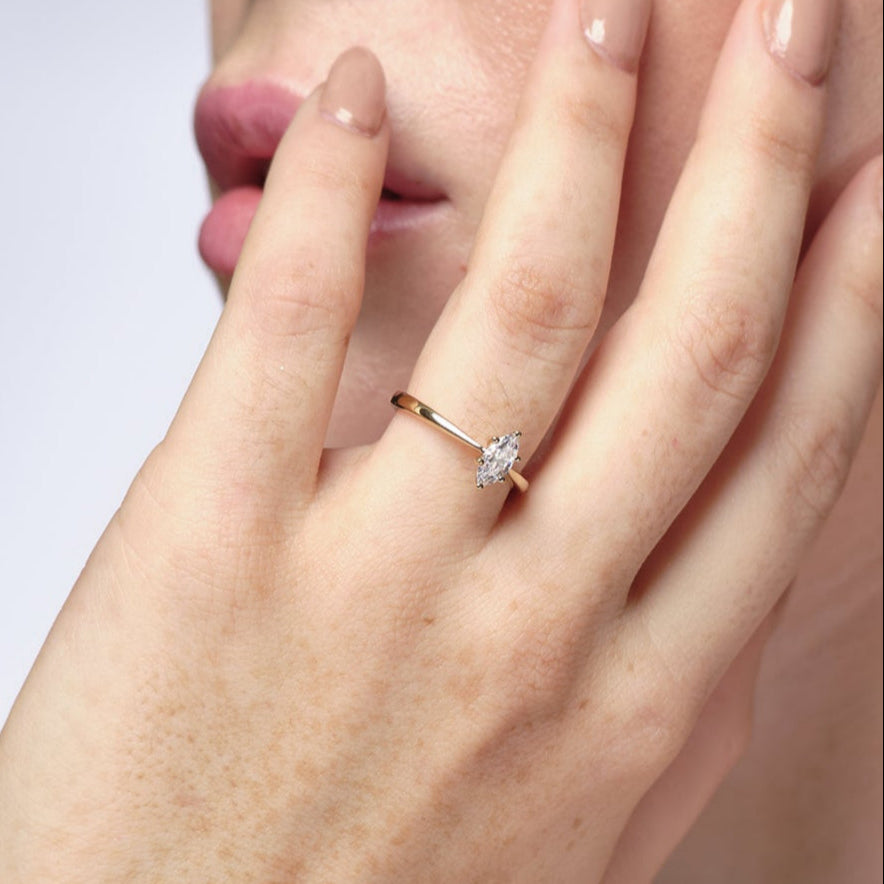 NAIMA marquise solitaire ring plain solid shank claw set single stone for her in 18K Yellow Gold Vermeil