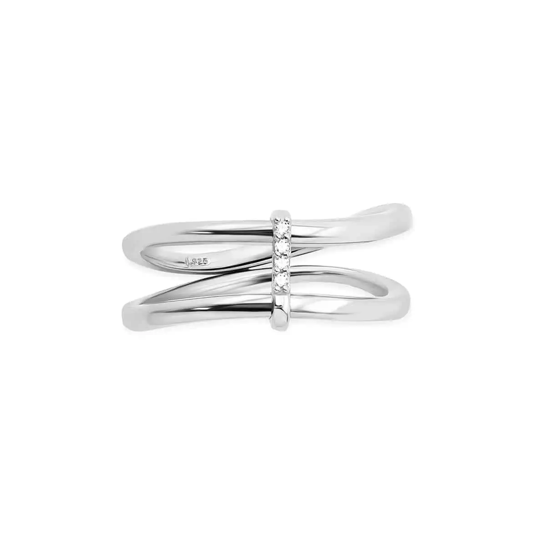 solid Sterling Silver 925 double wave bands ring design with white stones pinky dress summer by NAIMA Jewellery Australia