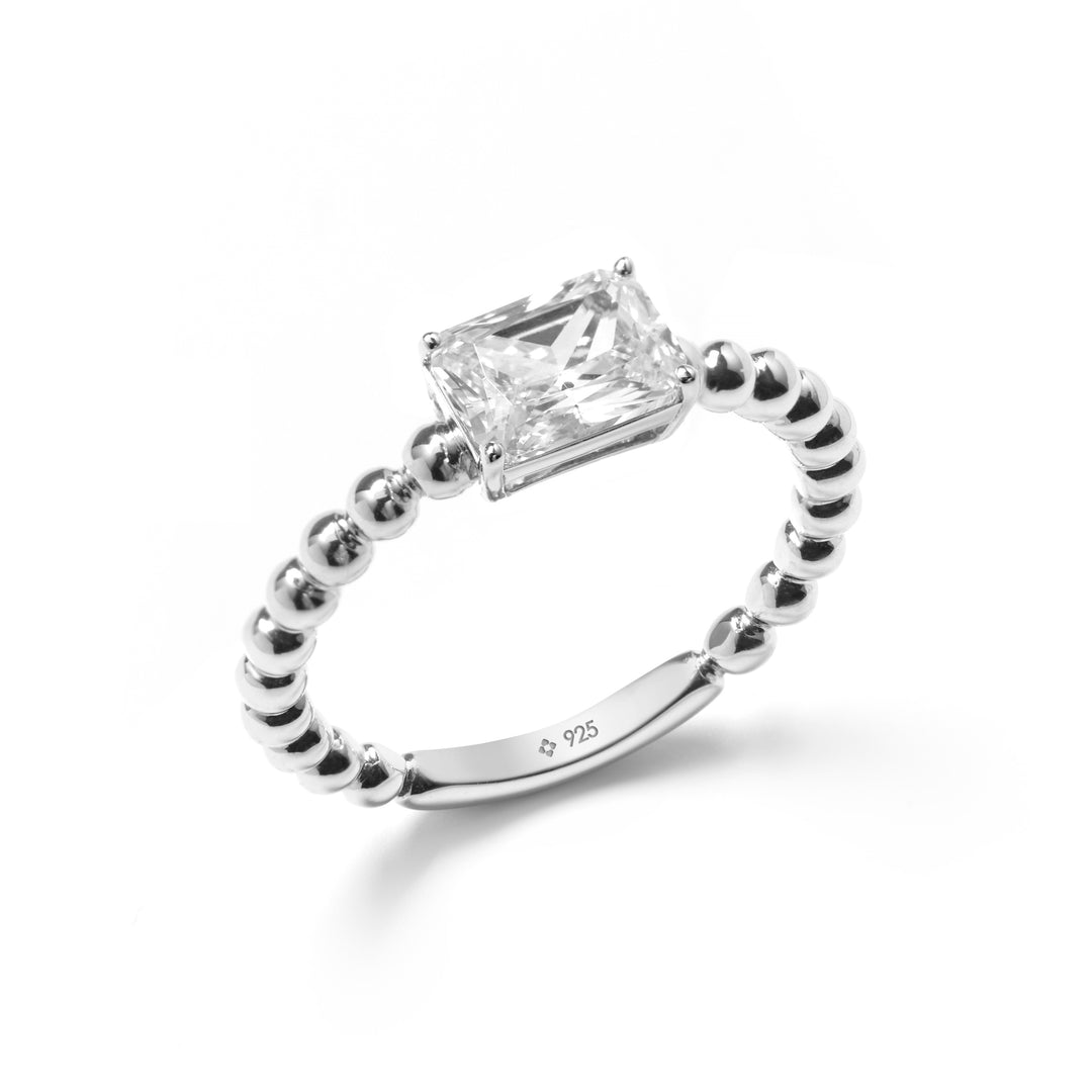 sterling silver 925 beaded band solitaire promise ring with emerald cut stone for stacking by NAIMA Jewellery Australia