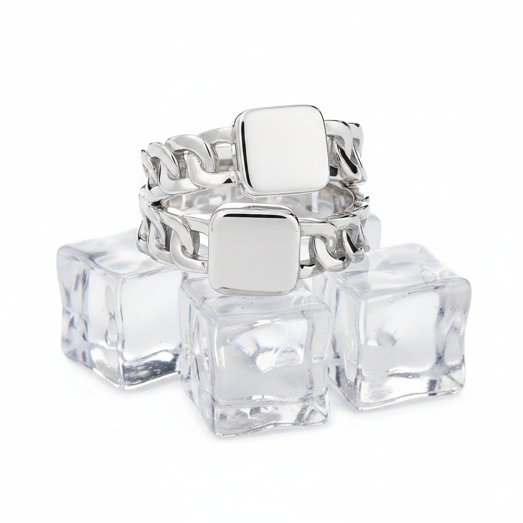 Sterling silver square signet rings with chain shank