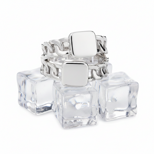 Sterling silver square signet rings with chain shank