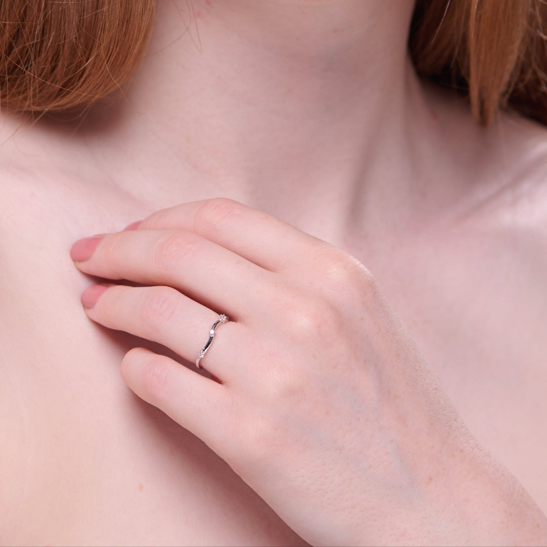 Solid Sterling Silver 925 in Nature wave Minimal Band Ring design with White Stones – Stacking, personalised, gift for her by NAIMA Jewellery Australia