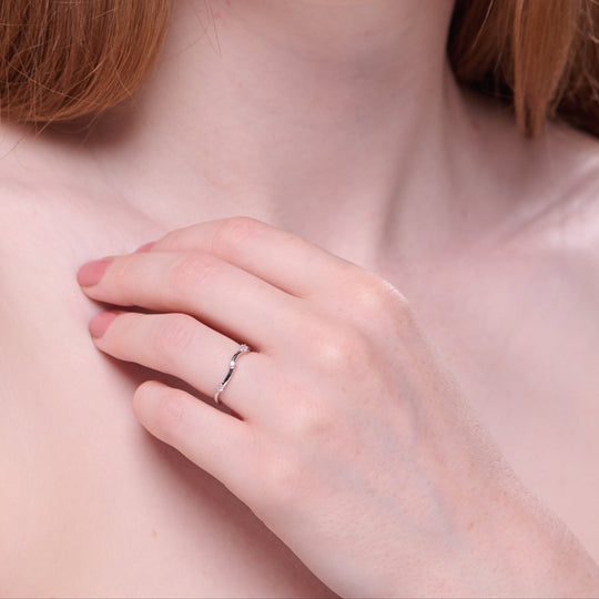 Solid Sterling Silver 925 in Nature wave Minimal Band Ring design with White Stones – Stacking, personalised, gift for her by NAIMA Jewellery Australia