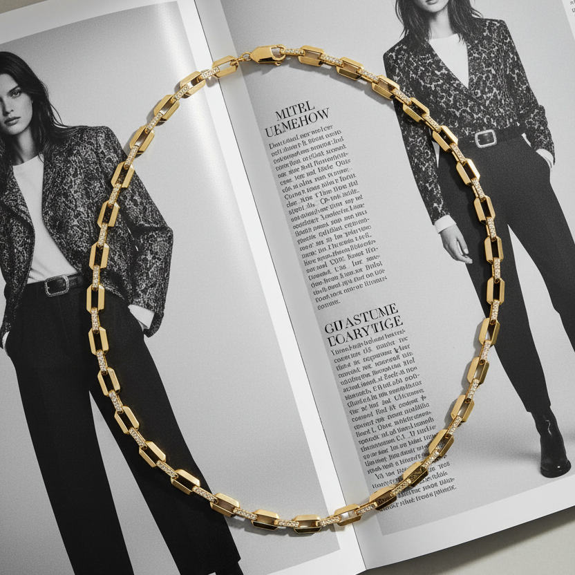 Paper clips gold chain with pave stones solid in gold 