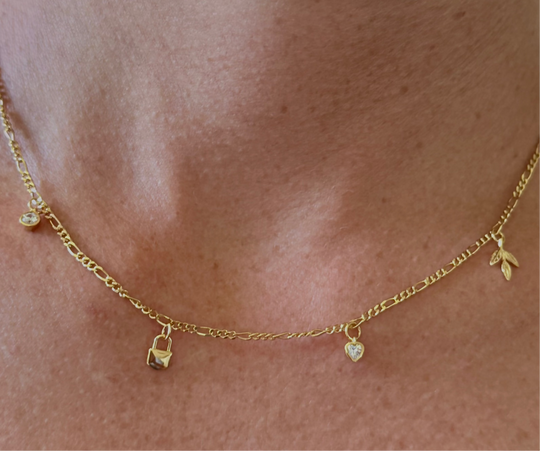 NAIMA solid Figaro chain necklace with four dangle charms key heart leaf stone in 18K Gold Vermeil layering for women