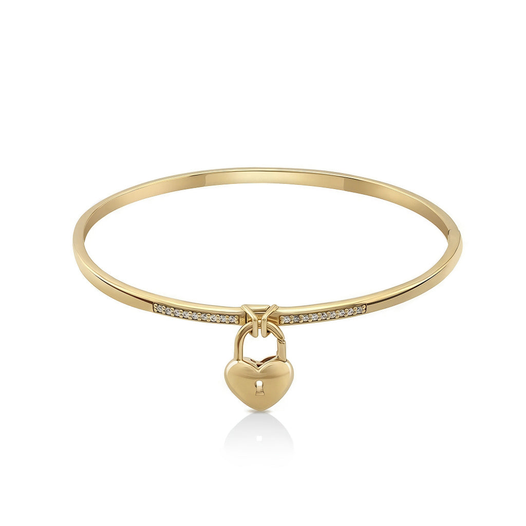 NAIMA solid round hinge bangle with stone and puffy plain heart shape padlock in 18K Yellow Gold Vermeil