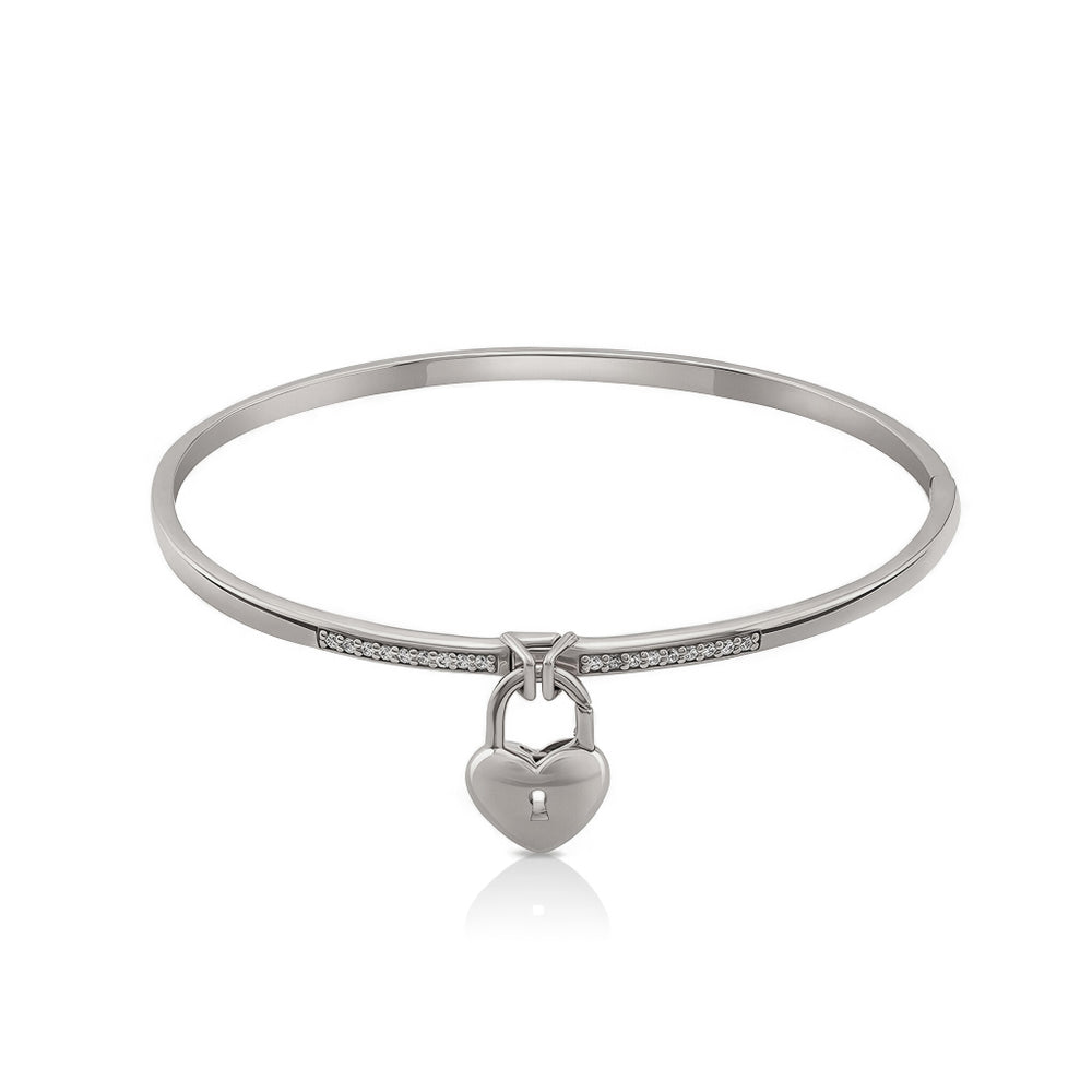 NAIMA solid silver 925 round bangle with stone and puffy heart shape padlock