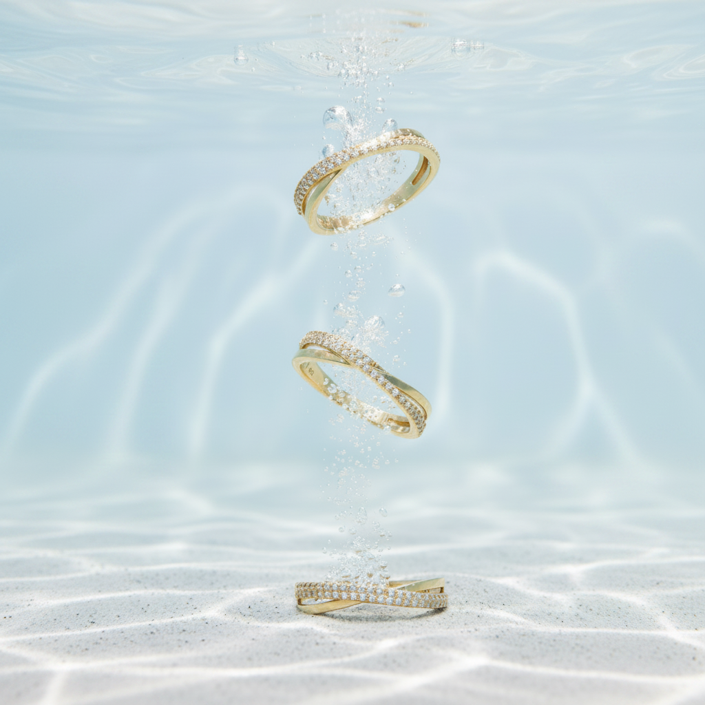 Crossover band ring with stones in yellow gold