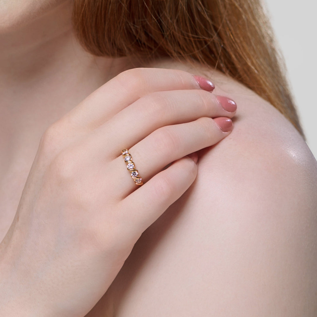 gold band ring twisted rope stackable white stones half band for ladies