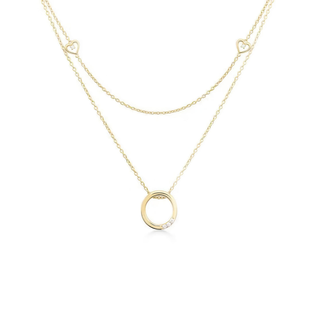 gold double strand necklace for layering heart and circle with stones for her