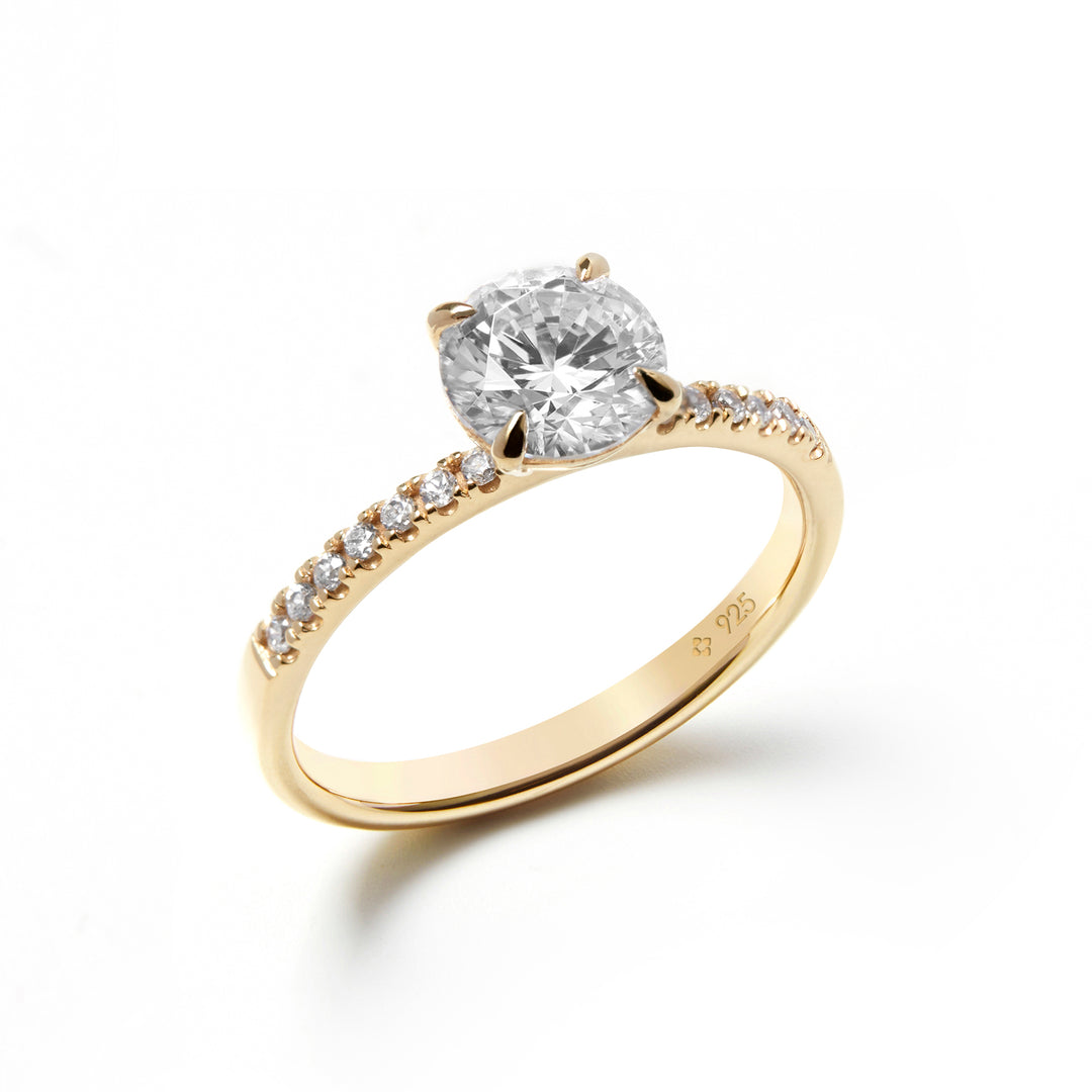 NAIMA 18k yellow gold solid shank round solitaire promise ring 4 claw set with stones shoulders for her