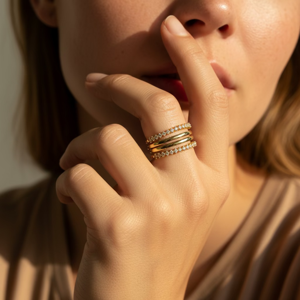 Negative space band ring with stones in gold