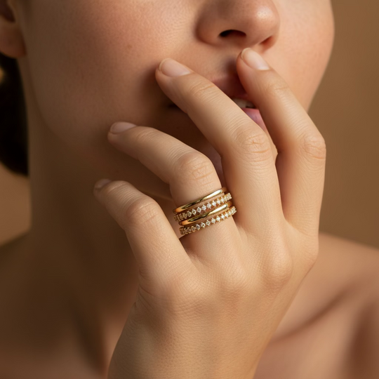 Negative space rings in gold stacked style 