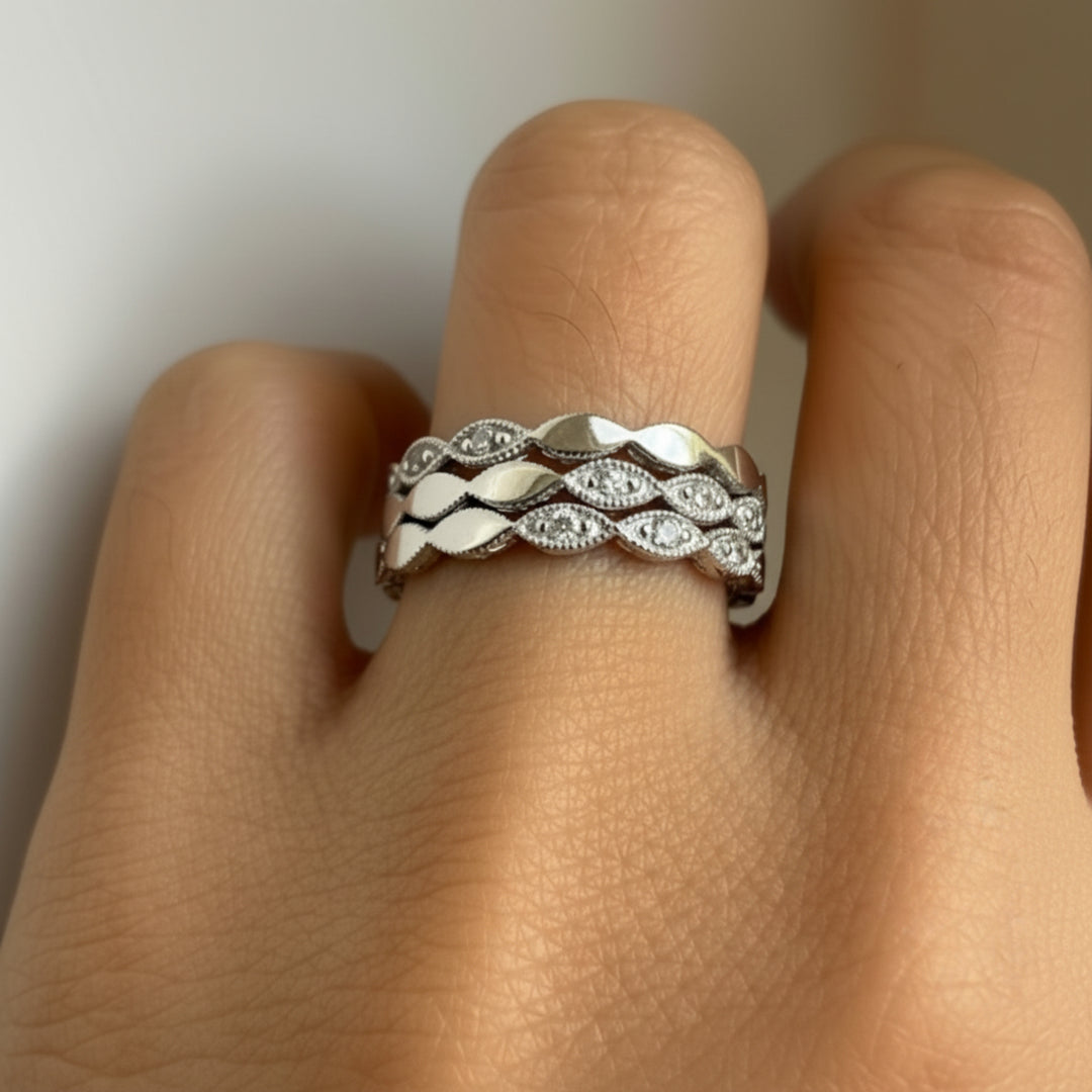 Olive leaf eternity band rings in Sterling Silver