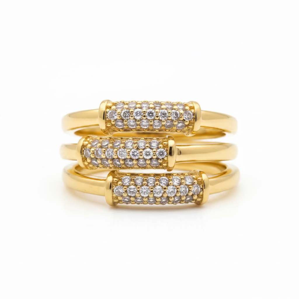 Pave section band rings in yellow gold 