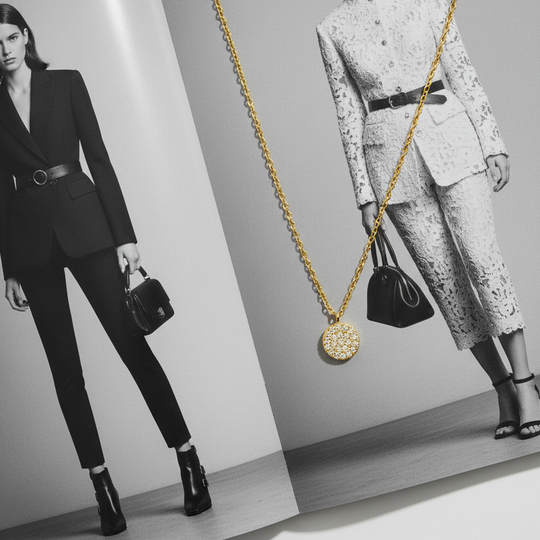 Gold pave round disc pendant necklace 