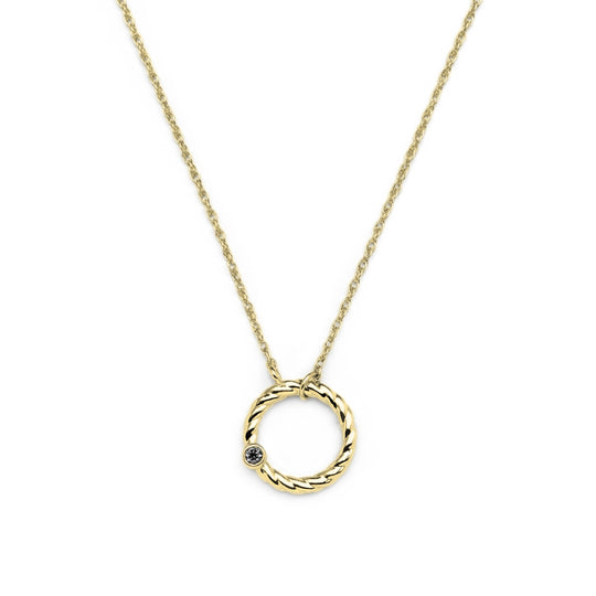 gold solid circle pendant with chain and one round stone in bezel setting daily wear for her