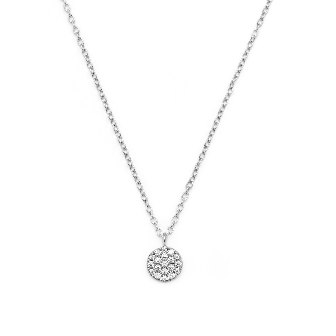 small round flat disc tag pendant with stones and chain in sterling silver for layering jewellery