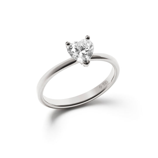 solid pure sterling silver heart solitaire  promise ring claws set plain band