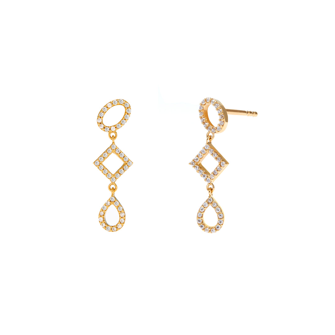gold dangling earrings 3 stations with stones for women