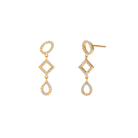 gold dangling earrings 3 stations with stones for women