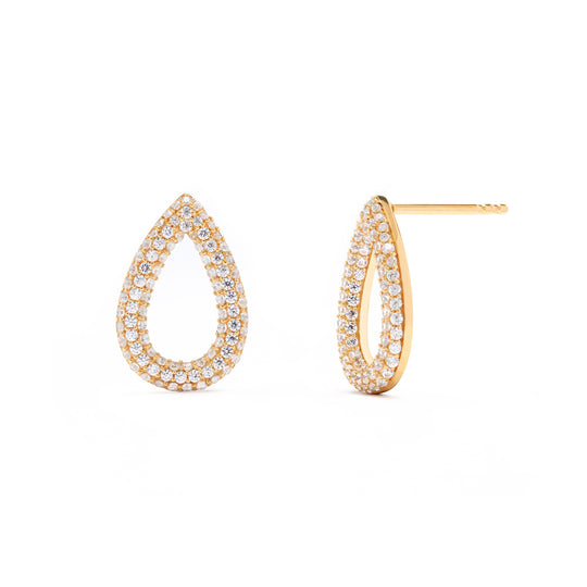 gold pear shape drop earrings with pave white stones for her birthday by NAIMA Jewellery