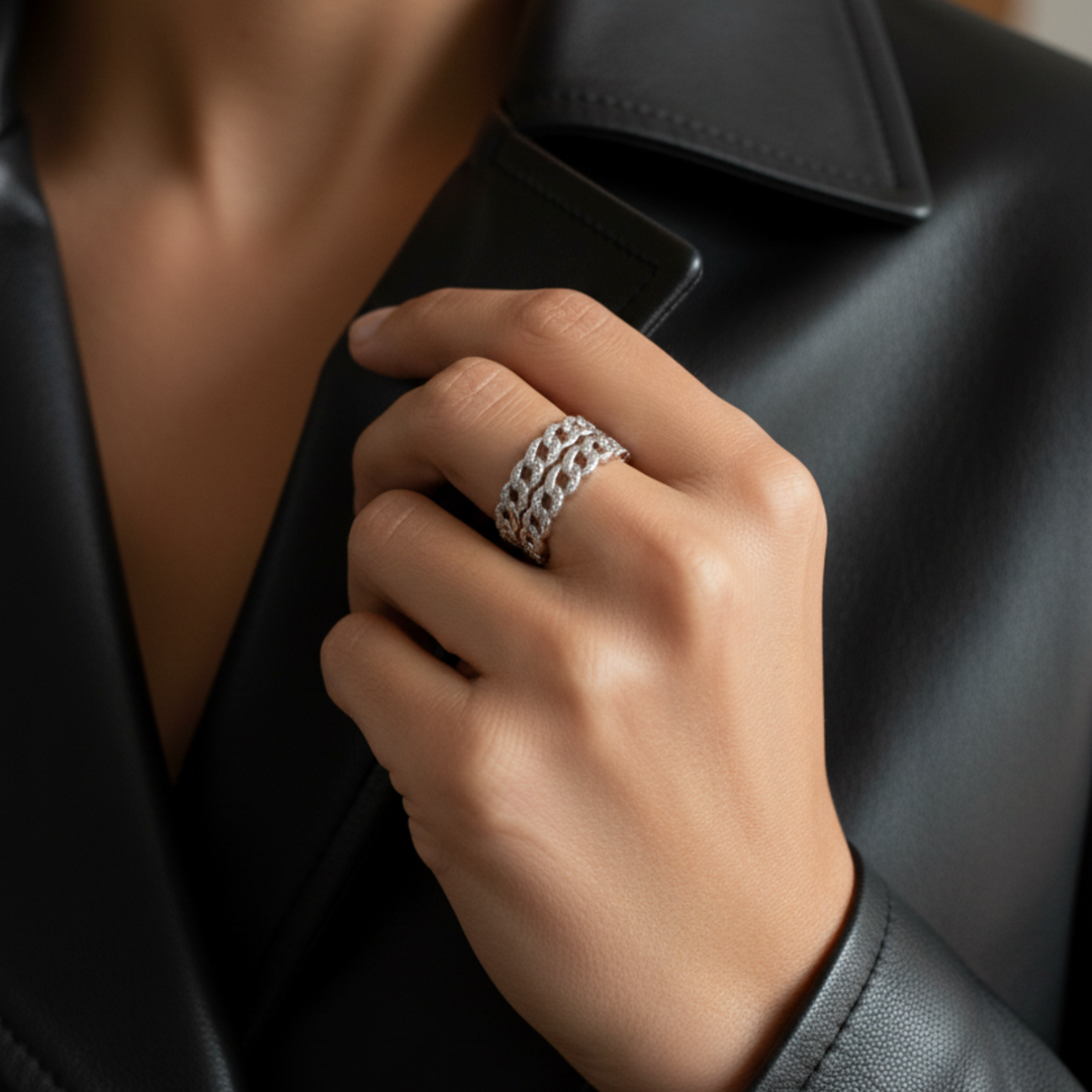 Silver Pave Cuban Chain Ring stack on her