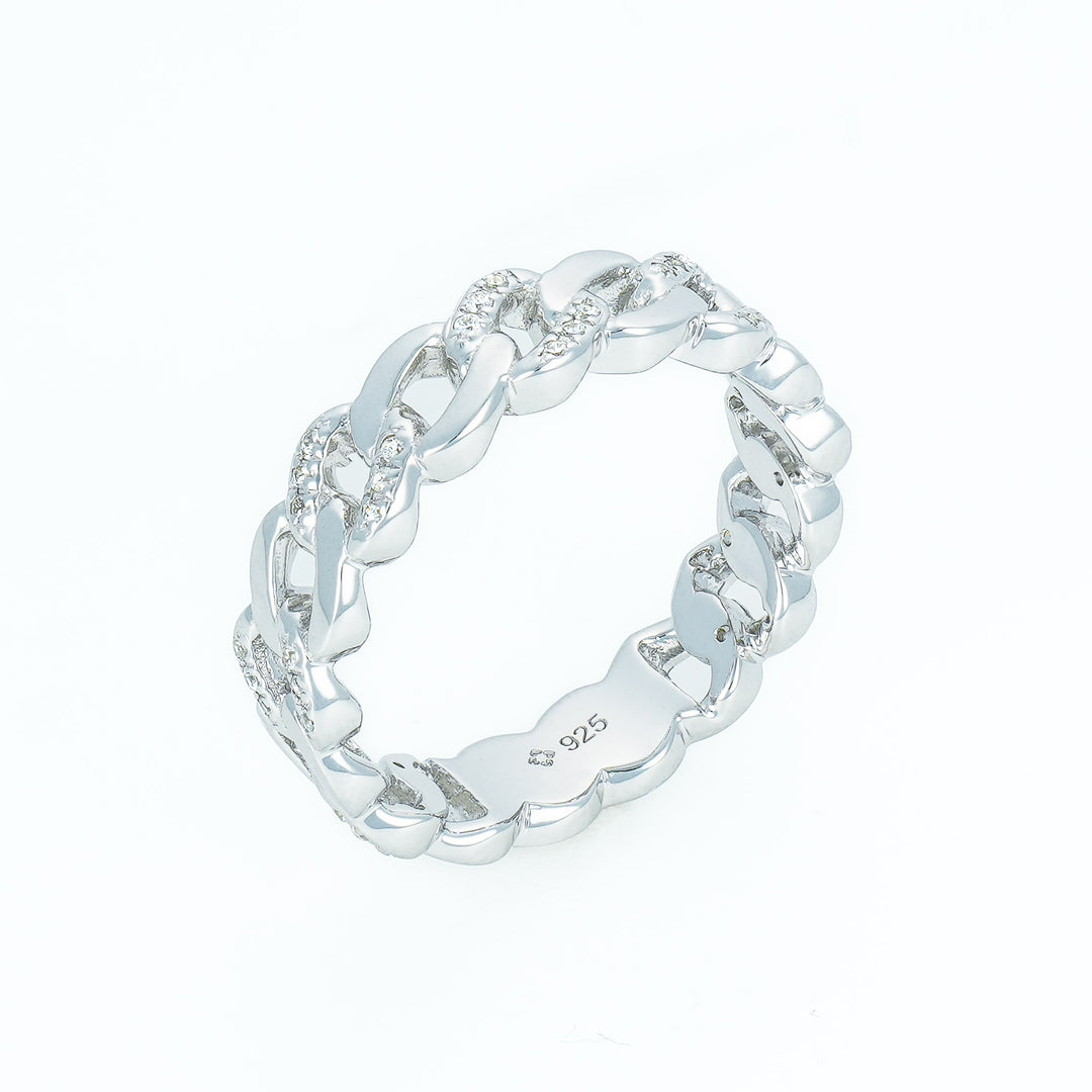 Silver Pave Cuban Curb Link Chain Ring with stones