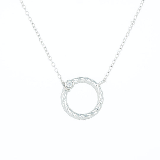 Silver necklace with a circular pendant twisted rope design