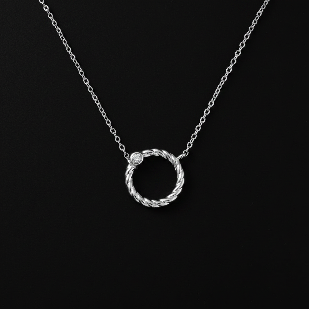Sterling Silver rope circle pendant on black