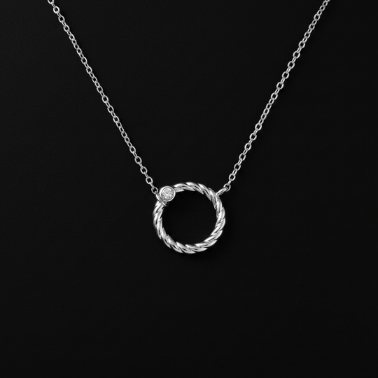 Sterling Silver rope circle pendant on black