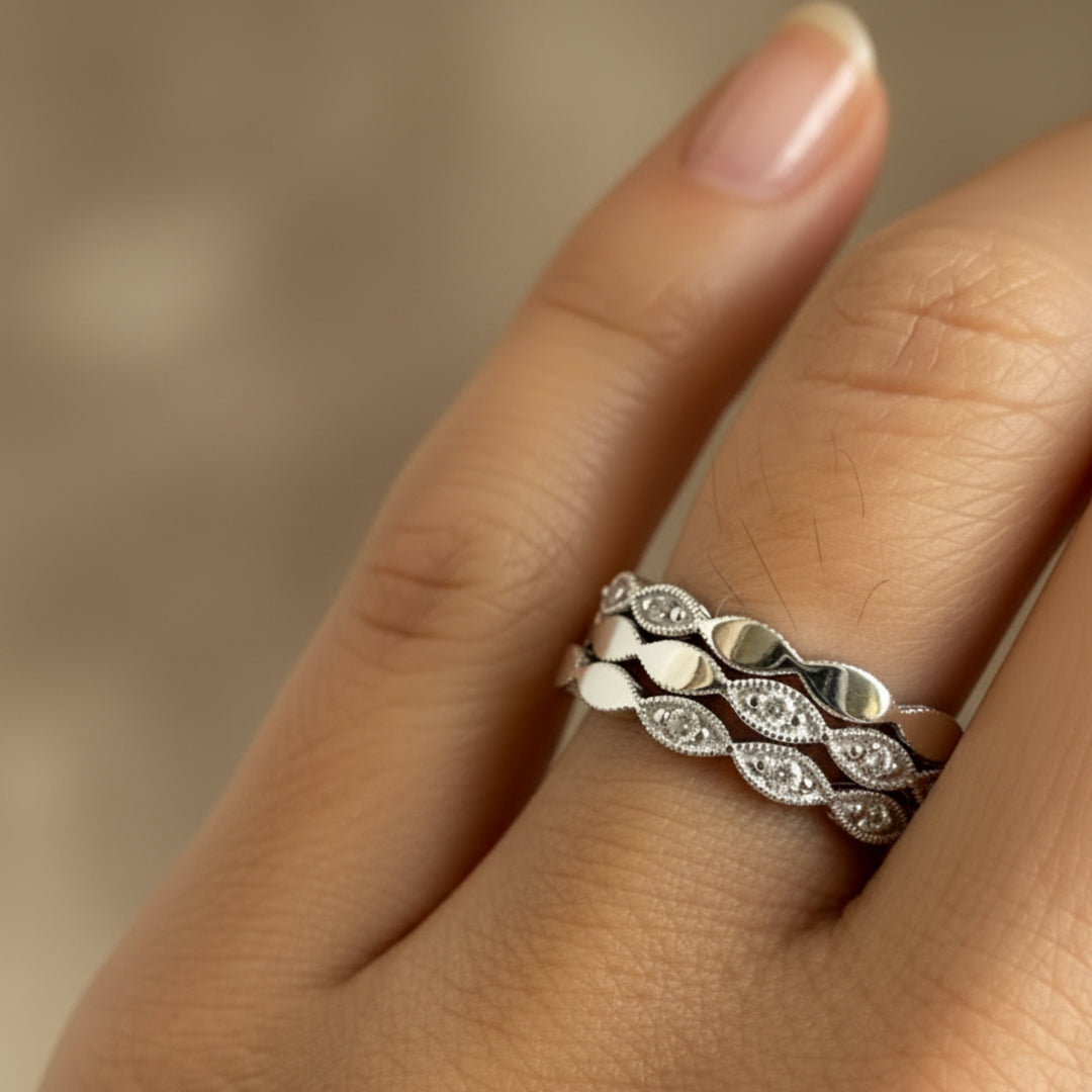 Silver ring with leaf design stacking bands
