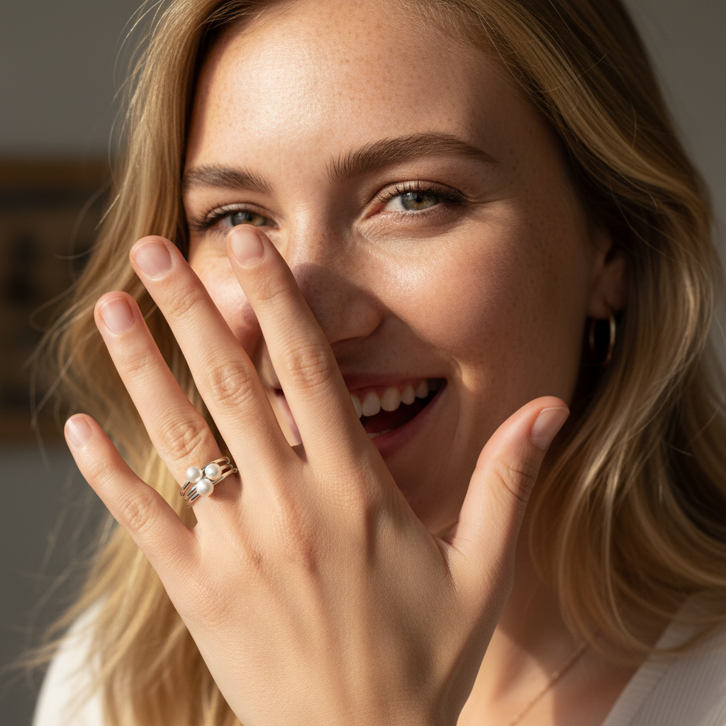 Silver white round pearl rings stack