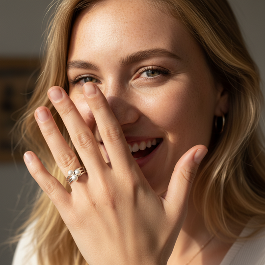 Silver white round pearl rings stack
