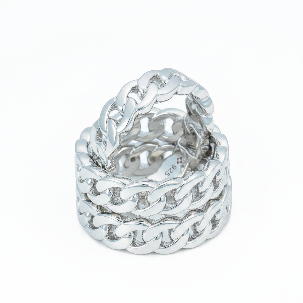 Stack of silver plain solid Cuban chain rings