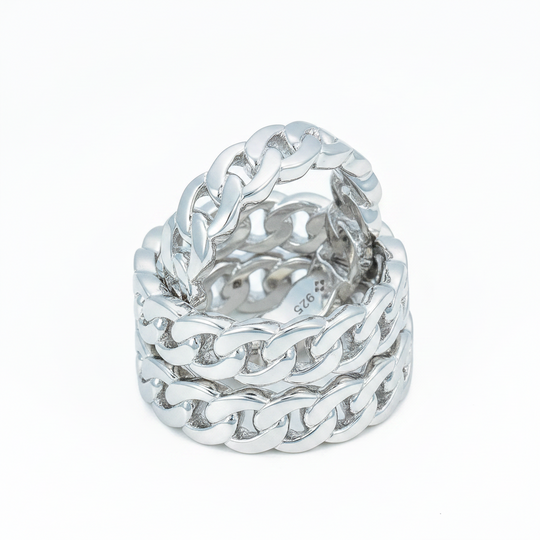Stack of silver plain solid Cuban chain rings