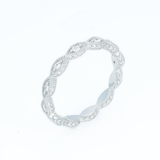 Sterling Silver eternity ring Olive leaf design half with stones and half plain shank