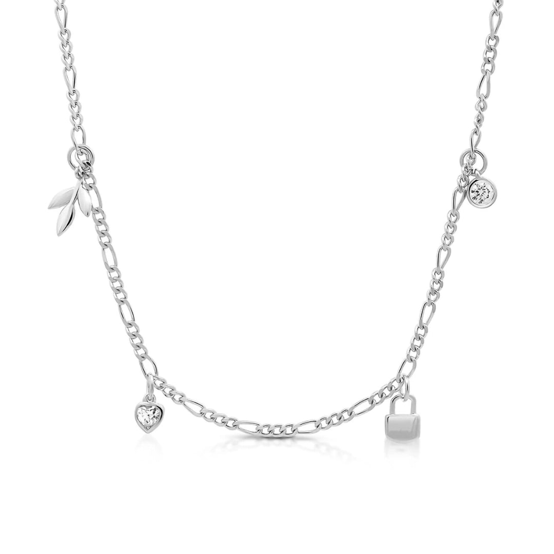 Sterling Silver figaro chain necklace with stones heart, leaf and lock charms NAIMA Jewellery Australia
