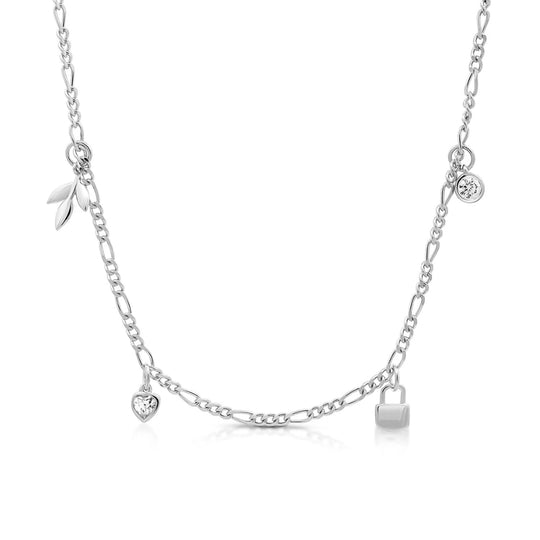 Sterling Silver figaro chain necklace with stones heart, leaf and lock charms NAIMA Jewellery Australia