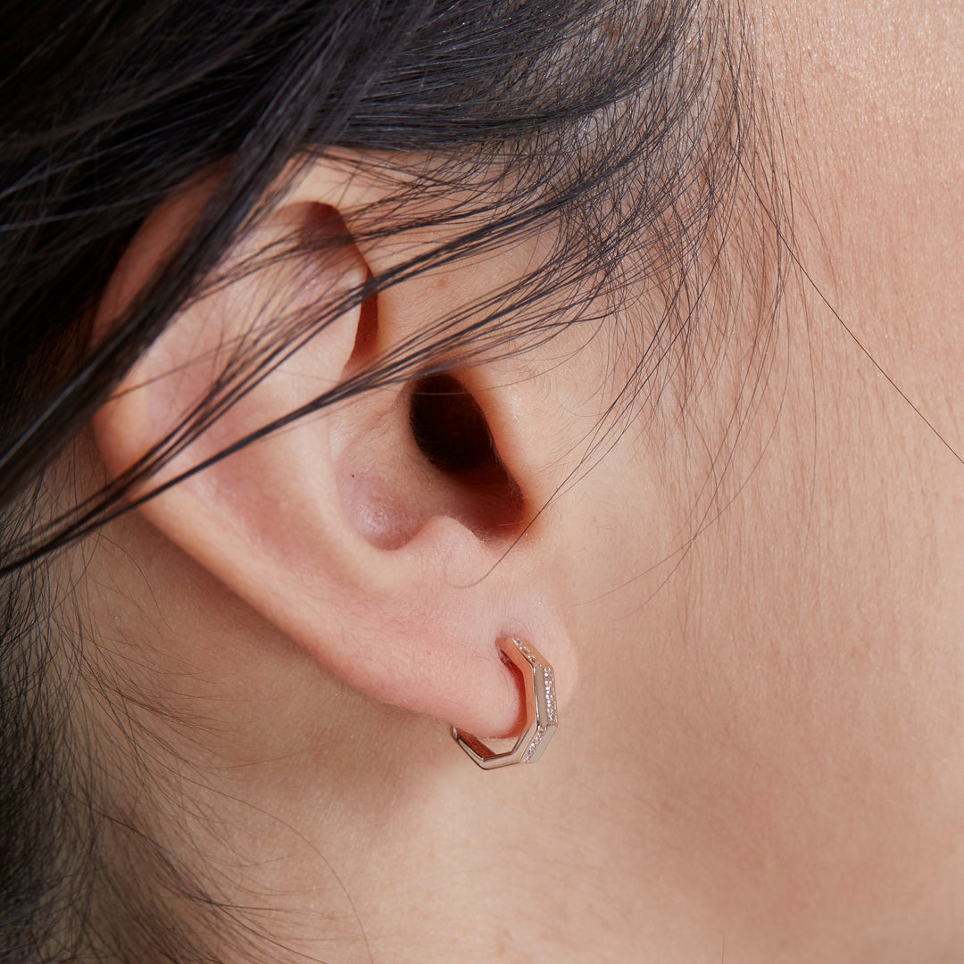 Sterling Silver medium hexagon huggie hoop earrings with stones for her and him NAIMA best jewellery design award 2025