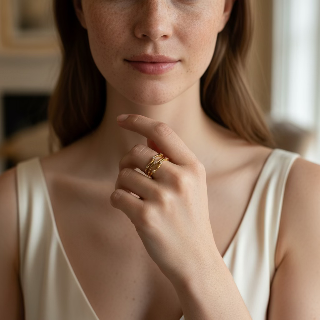 Wave 3 stones band ring stacked in gold on her