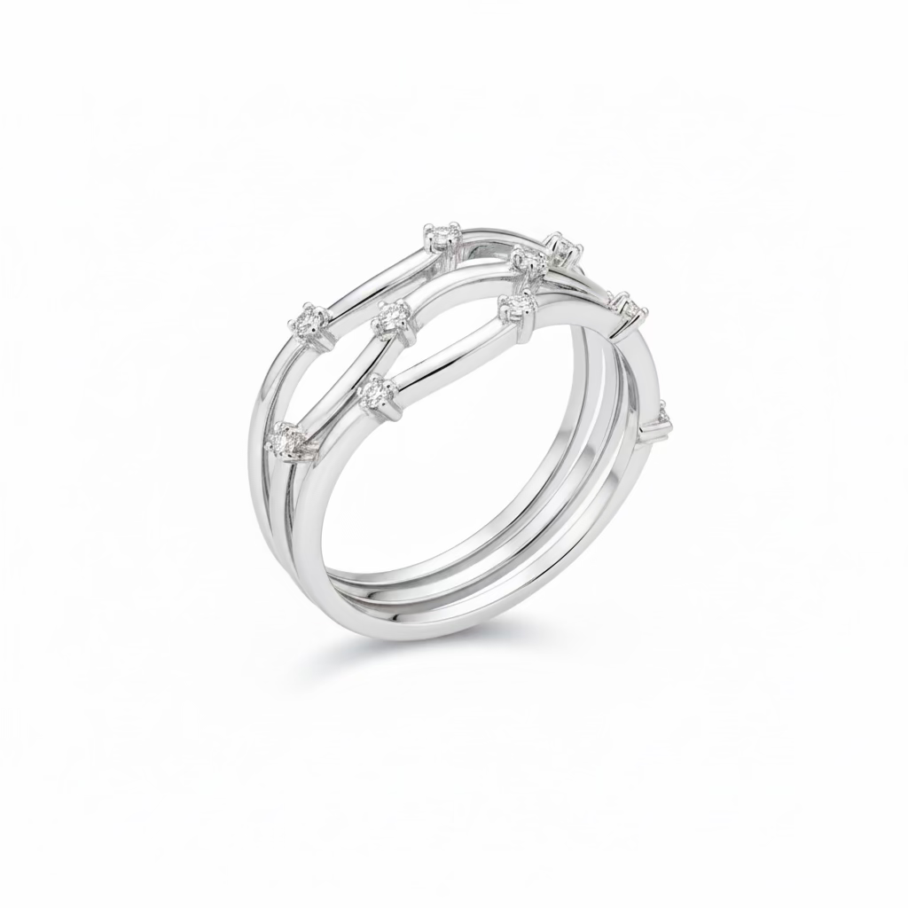 Wave band ring with 3 stones in Silver 