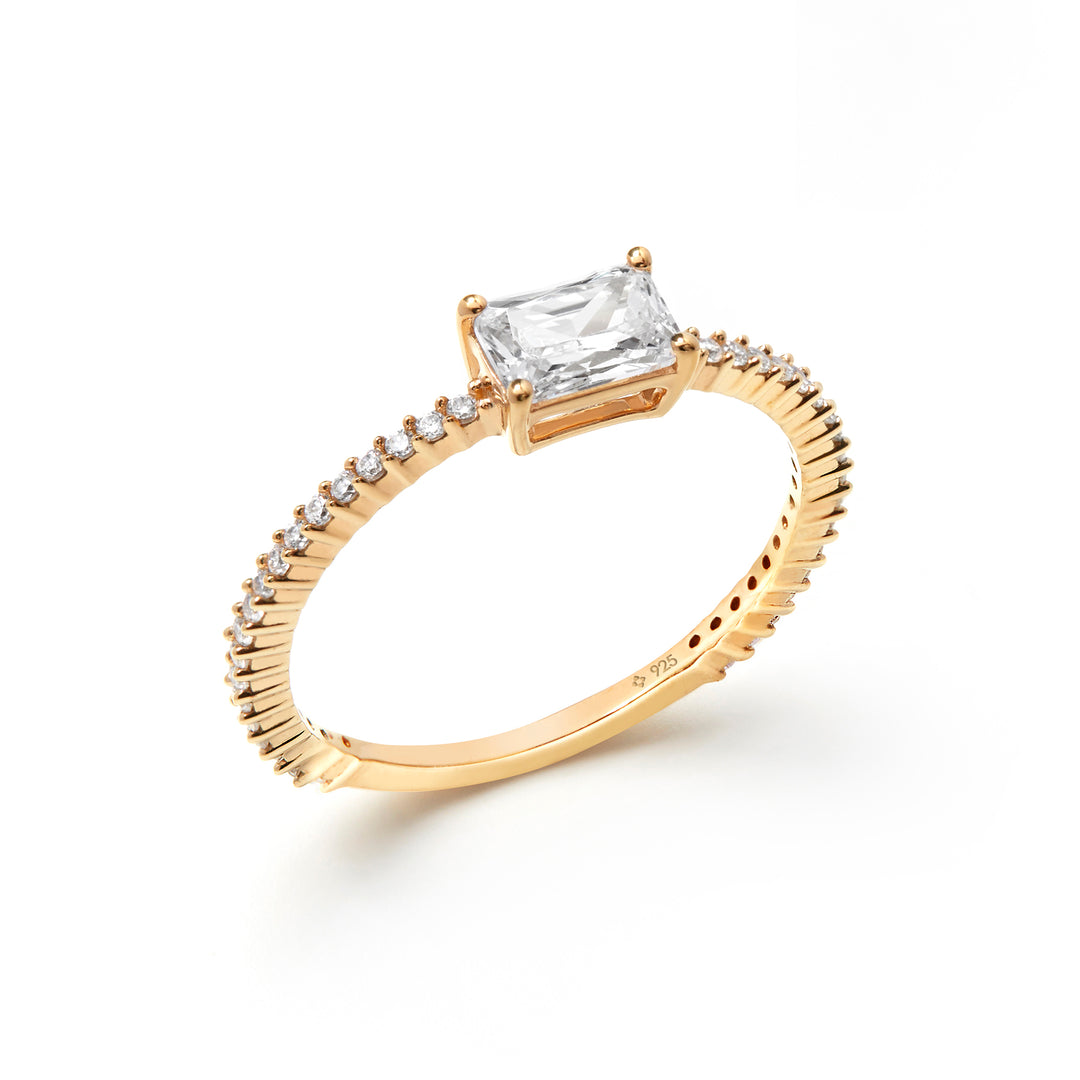 NAIMA East to West emerald cut Solitaire Promise ring in claw set for women in 18K Gold Vermeil