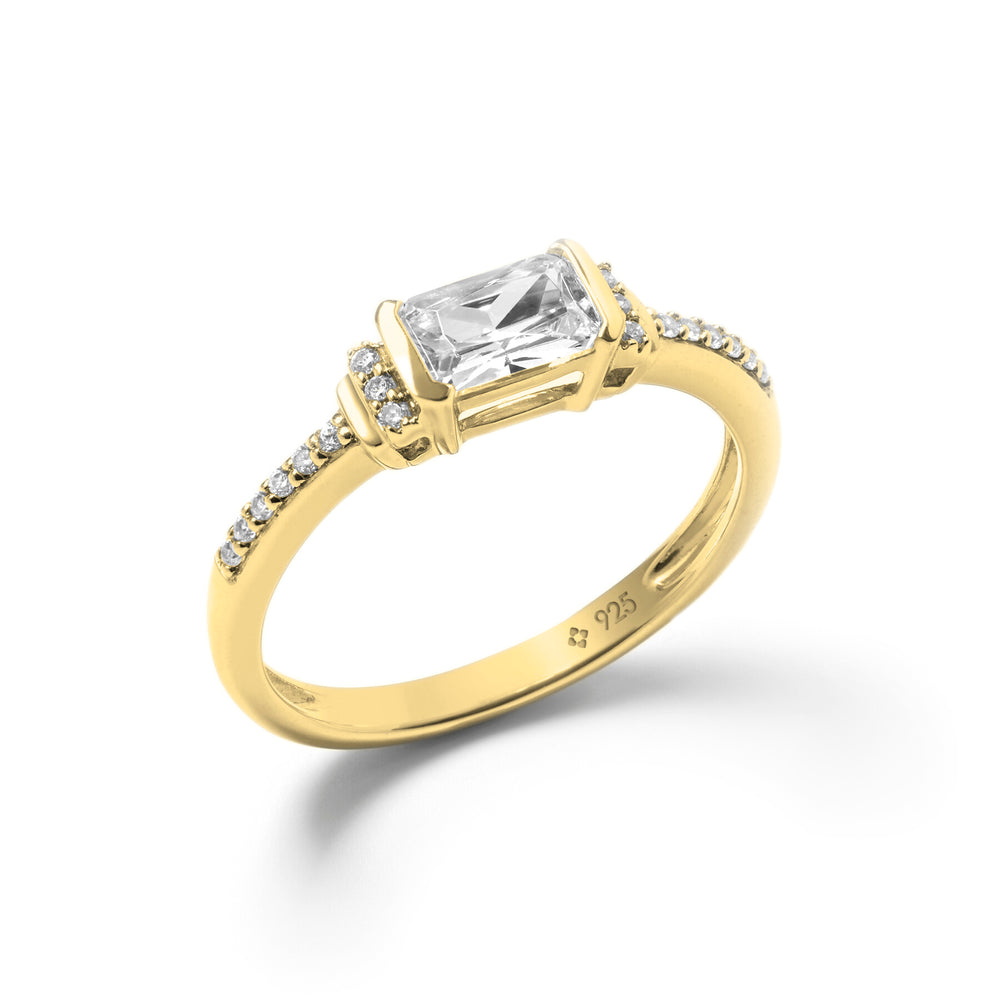 gold half bezel emerald cut solitaire promise ring with shoulder design for her by NAIMA Jewellery Australia